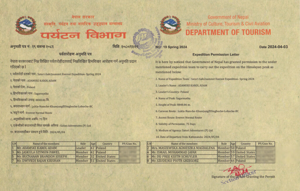 Everest Expedition Permit 2024 Spring
