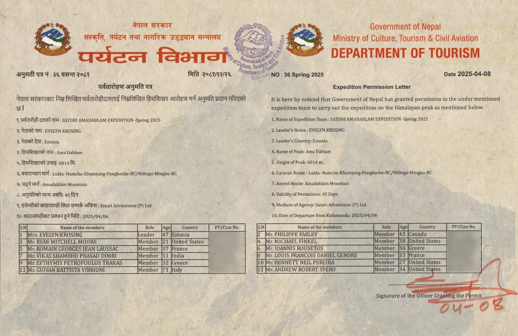 Permit of amadablam-expedition