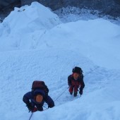 Climbing from camp one to camp two at Pumori