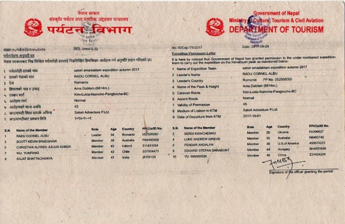  Ama Dablam Expedition Climbing Permit										 