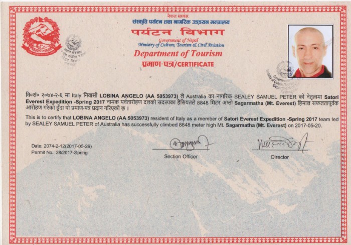  Everest Summit Certificate										 