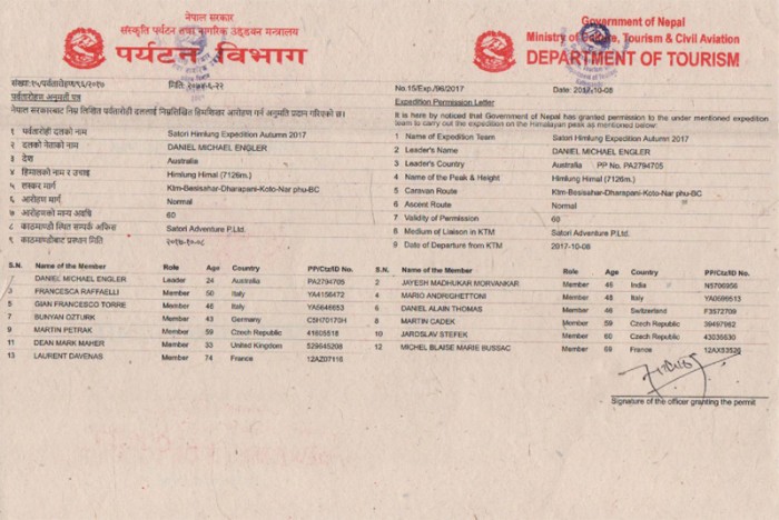  Manaslu Expedition Permit										 