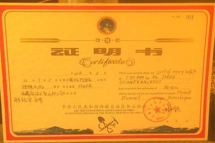  Everest North Expedition Summit Certificate										 