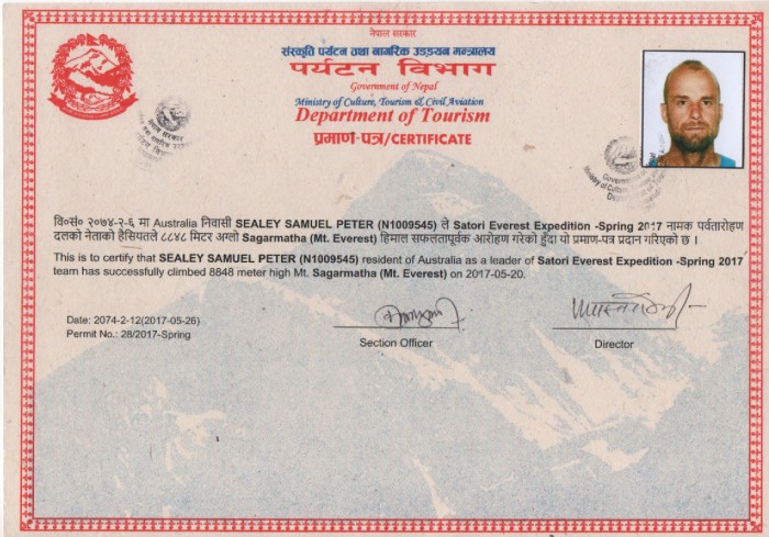 Everest Summit Certificate 
