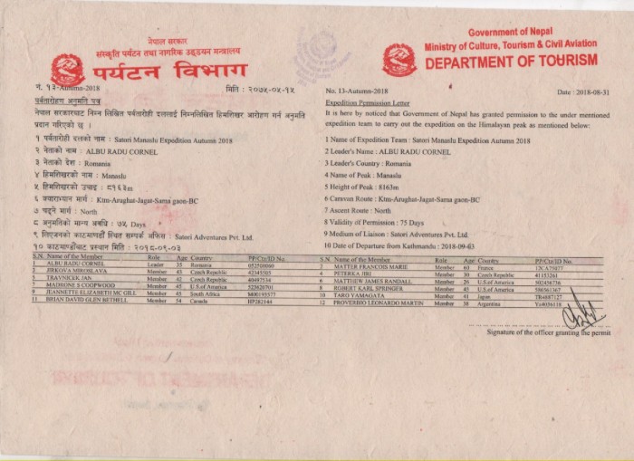  Manaslu Expedition Autumn 2018 