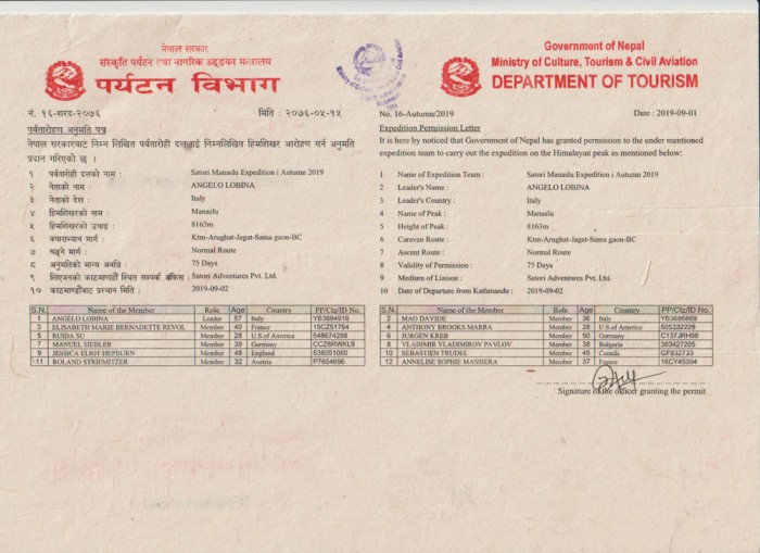  Manaslu Expedition Autumn 2019 